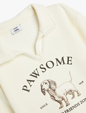 Polo Yaka Sweatshirt Köpek Baskılı Uzun Kollu Şardonlu