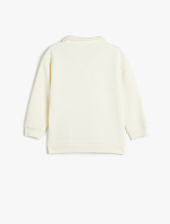 Polo Yaka Sweatshirt Köpek Baskılı Uzun Kollu Şardonlu