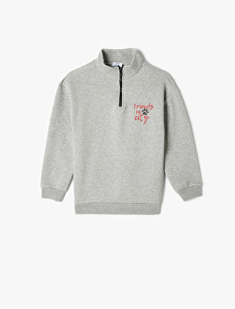 Sweatshirt Dik Yaka Yarım Fermuarlı Cepli Baskı Detaylı
