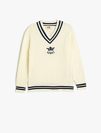 Triko Kazak Örgü Detaylı V Yaka Uzun Kollu 