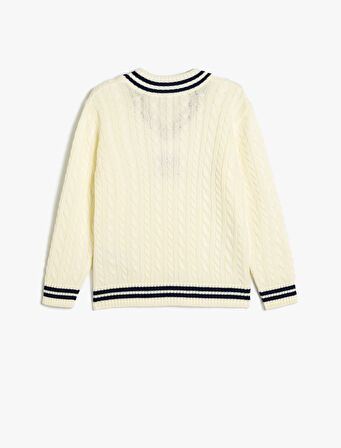 Triko Kazak Örgü Detaylı V Yaka Uzun Kollu 