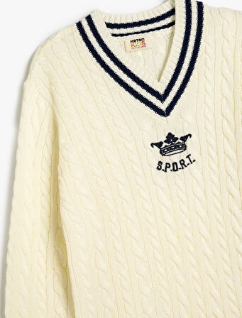 Triko Kazak Örgü Detaylı V Yaka Uzun Kollu 