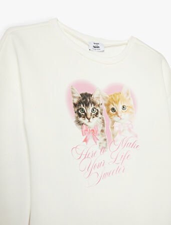 Sweatshirt Kedi Baskılı Uzun Kollu Bisiklet Yaka Şardonlu