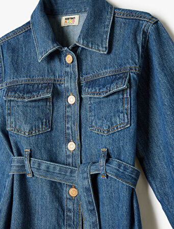 Kot Elbise Gömlek Yaka Uzun Kollu Kemer ve Düğme Detaylı Pamuklu