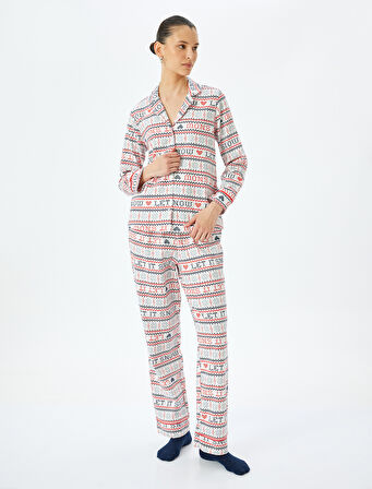 Yılbaşı Temalı Pamuklu Gömlek Pijama Üstü