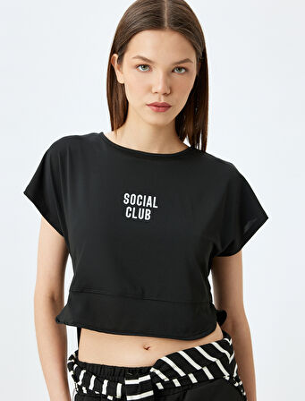 Crop Kısa Kollu Slogan Baskılı Spor Tişört