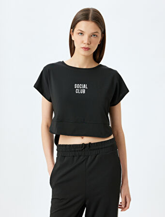 Crop Kısa Kollu Slogan Baskılı Spor Tişört