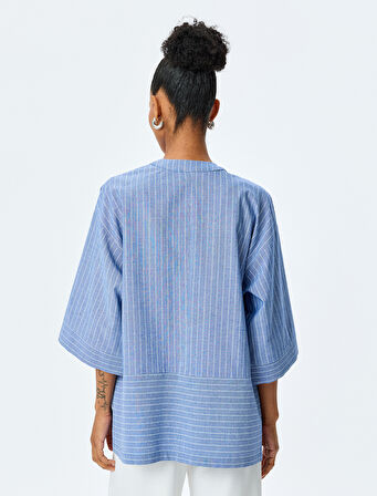 V Yaka Cep Detaylı Oversize Çizgili Kruvaze Kimono