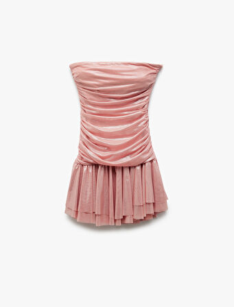 Drape Detaylı Kolsuz Straplez Volanlı Mini Abiye Elbise