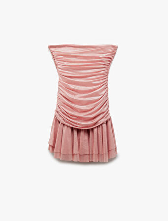 Drape Detaylı Kolsuz Straplez Volanlı Mini Abiye Elbise
