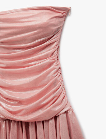 Drape Detaylı Kolsuz Straplez Volanlı Mini Abiye Elbise