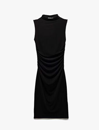 Hafif Dik Yaka Kolsuz Drapeli Slim Fit Midi Kalem Elbise