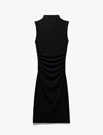 Hafif Dik Yaka Kolsuz Drapeli Slim Fit Midi Kalem Elbise