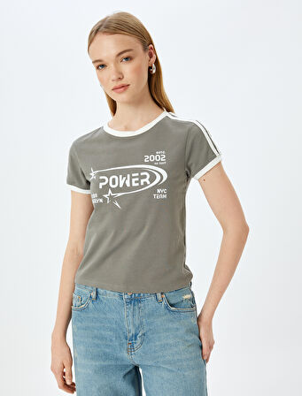 Slogan Baskılı Bisiklet Yaka Kısa Kollu Biyeli Slim Fit Tişört