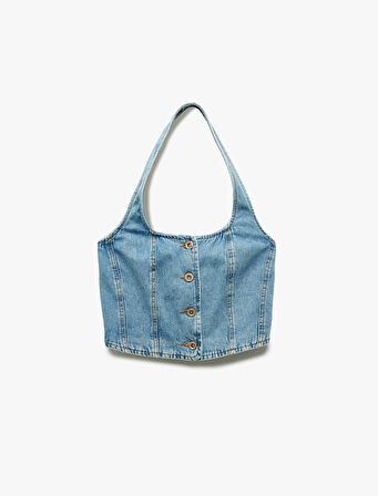 Halter Yaka Düğmeli Dar Kesim Kolsuz Crop Denim Üst