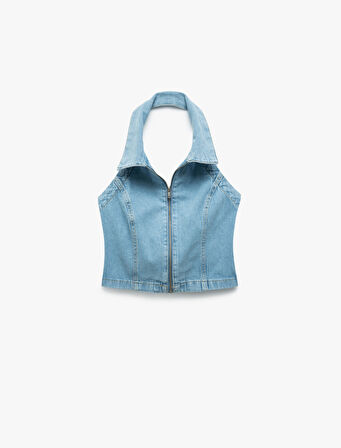 Pamuklu Slim Fit Fermuarlı Denim Kolsuz Crop Üst