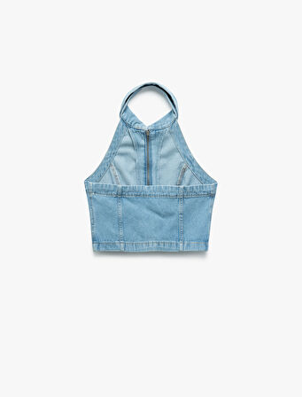 Pamuklu Slim Fit Fermuarlı Denim Kolsuz Crop Üst