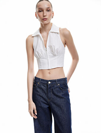 Fermuarlı Pamuklu Dar Kesim Gömlek Yaka Kolsuz Crop Bluz