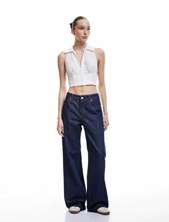 Fermuarlı Pamuklu Dar Kesim Gömlek Yaka Kolsuz Crop Bluz