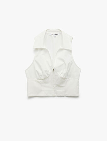 Fermuarlı Pamuklu Dar Kesim Gömlek Yaka Kolsuz Crop Bluz