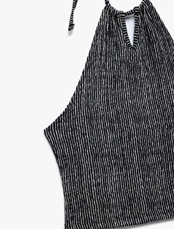 Çizgili Bürümcük Bağlamalı Yaka Pencere Detaylı Kolsuz Crop Üst