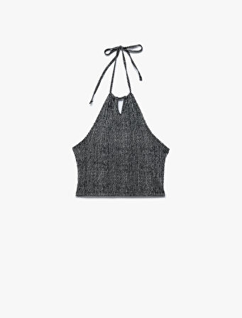 Çizgili Bürümcük Bağlamalı Yaka Pencere Detaylı Kolsuz Crop Üst