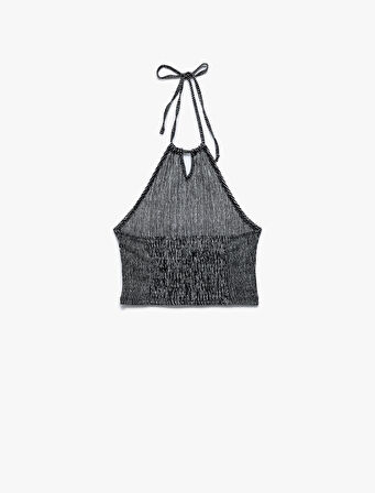 Çizgili Bürümcük Bağlamalı Yaka Pencere Detaylı Kolsuz Crop Üst