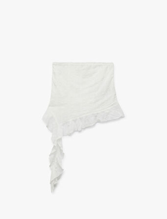 Fırfır Detaylı Asimetrik Dantelli Straplez Crop Bluz