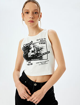 Baskılı Crop Slim Fit Bisiklet Yaka Kolsuz Atlet