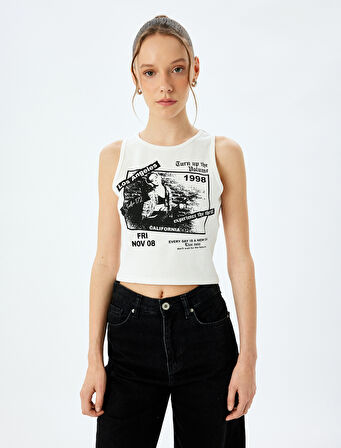 Baskılı Crop Slim Fit Bisiklet Yaka Kolsuz Atlet