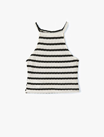 Çizgili Halter Yaka Kolsuz Crop Kroşe Üst