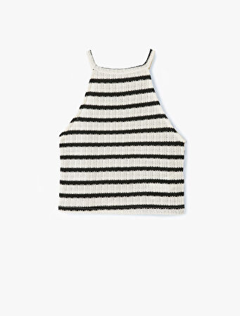 Çizgili Halter Yaka Kolsuz Crop Kroşe Üst