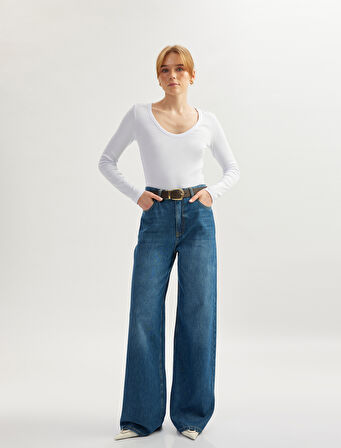 Yüksek Bel Düğmeli Geniş Paça Cepli Kot Pantolon - Wide Leg Jeans