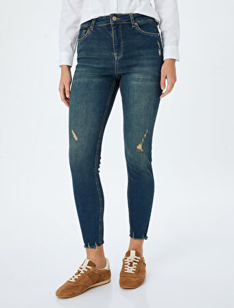 Yüksek Bel Skinny Fit Dar Paça Cepli Düğmeli Kot Pantolon - Skinny Fit Jean
