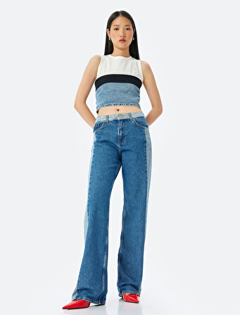 Yüksek Bel Renk Bloklu Düğmeli Kot Pantolon -  Straight Fit Jean