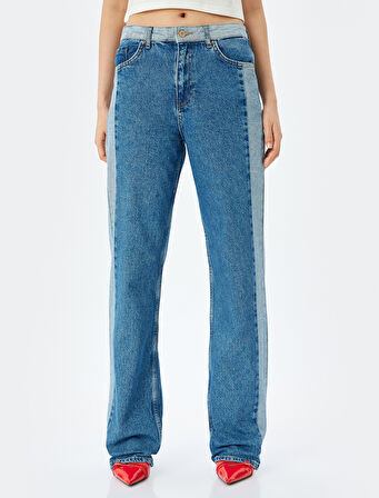 Yüksek Bel Renk Bloklu Düğmeli Kot Pantolon -  Straight Fit Jean