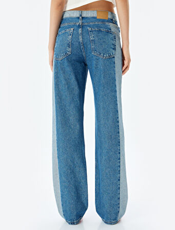 Yüksek Bel Renk Bloklu Düğmeli Kot Pantolon -  Straight Fit Jean