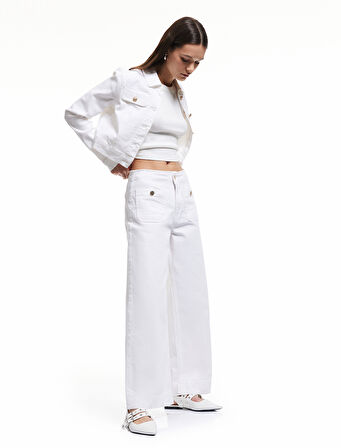 Yüksek Bel Rahat Kalıp Cepli Kısa Denim Pantolon  -  Culotte Jeans