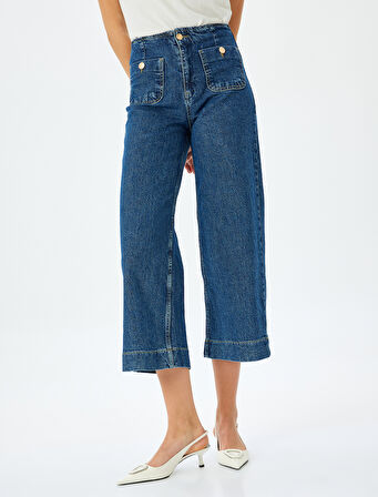 Yüksek Bel Rahat Kalıp Cepli Kısa Denim Pantolon  -  Culotte Jeans