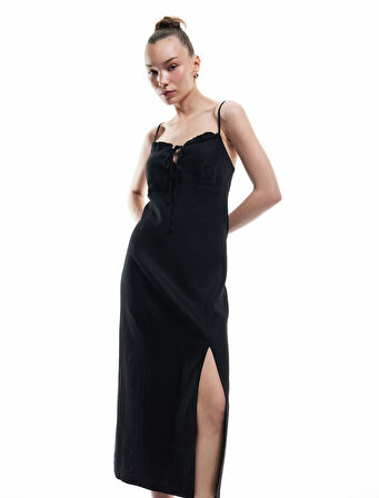 Fırfırlı Yırtmaç Detaylı Volümlü Slim Fit Keten Viskon Karışımlı Askılı Midi Elbise
