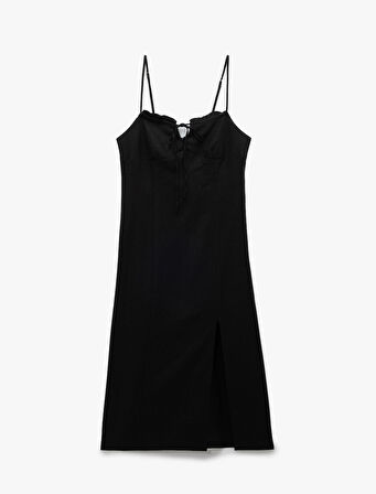 Fırfırlı Yırtmaç Detaylı Volümlü Slim Fit Keten Viskon Karışımlı Askılı Midi Elbise