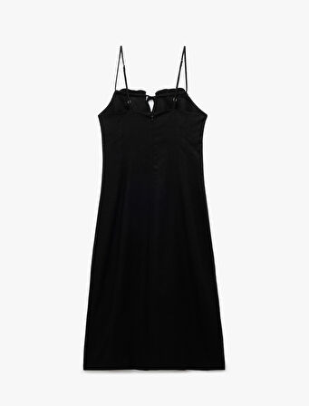 Fırfırlı Yırtmaç Detaylı Volümlü Slim Fit Keten Viskon Karışımlı Askılı Midi Elbise