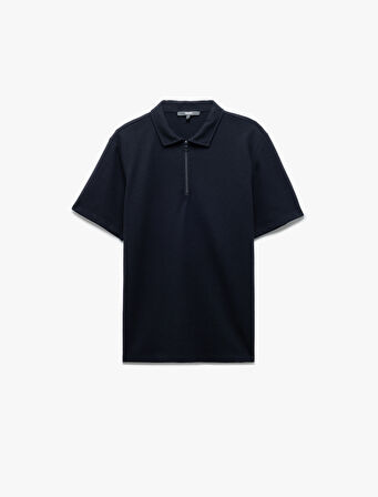 Kısa Kollu Waffle Dokulu Regular Fit Basic Yarım Fermuarlı Tişört