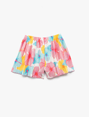 Çiçek Desenli Beli Bağcıklı Pileli Şort