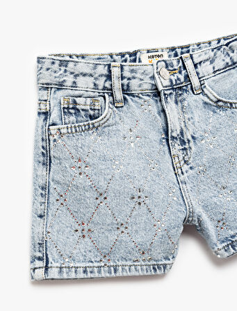 Taş Detaylı Cepli Pamuklu Denim Şort