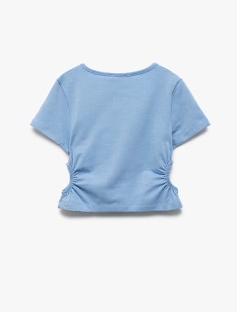 Pencere Detaylı Bisiklet Yaka Kısa Kollu Pamuklu Crop Bluz