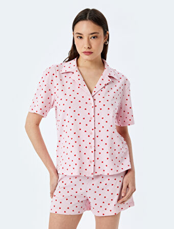 Pamuklu Gömlek Yaka Kalpli Şortlu Pijama Takımı