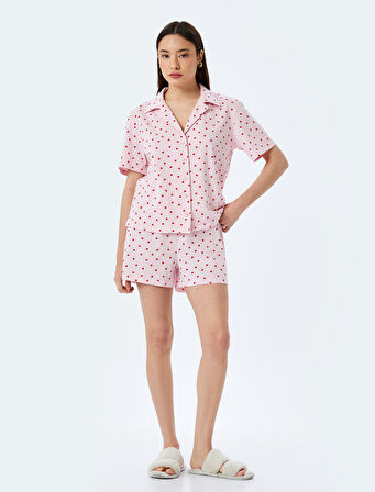 Pamuklu Gömlek Yaka Kalpli Şortlu Pijama Takımı