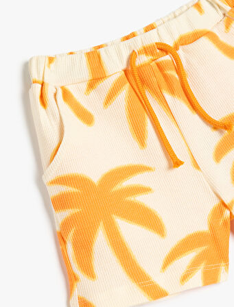 Palmiyeli Baskılı Beli Bağlamalı Pamuklu Şort