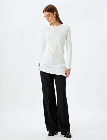 Uzun Kollu Tişört Nakış Detaylı Bisiklet Yaka Pamuklu